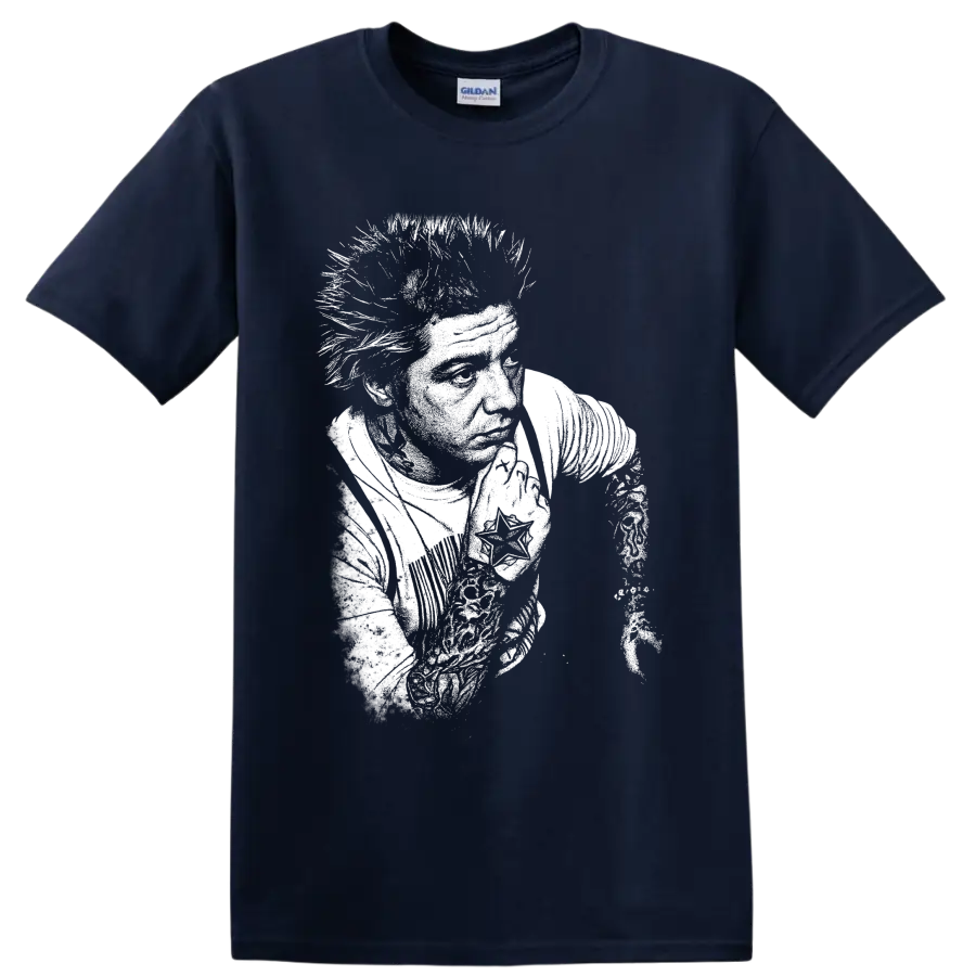 High-contrast Mitch Lucker portrait in a stark black-and-white deathcore graphic style on a Navy (Blue) T Shirt