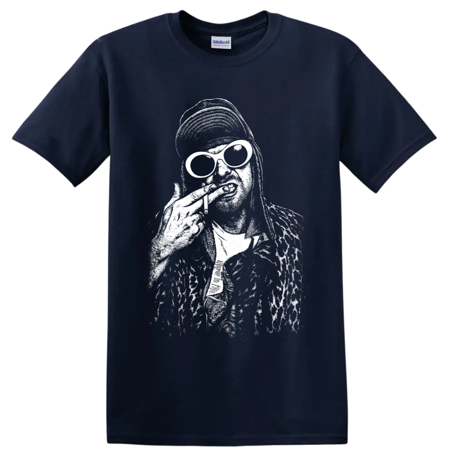 High-contrast Kurt Cobain Nirvana portrait in black-and-white grunge illustration on a Navy (Blue) T Shirt