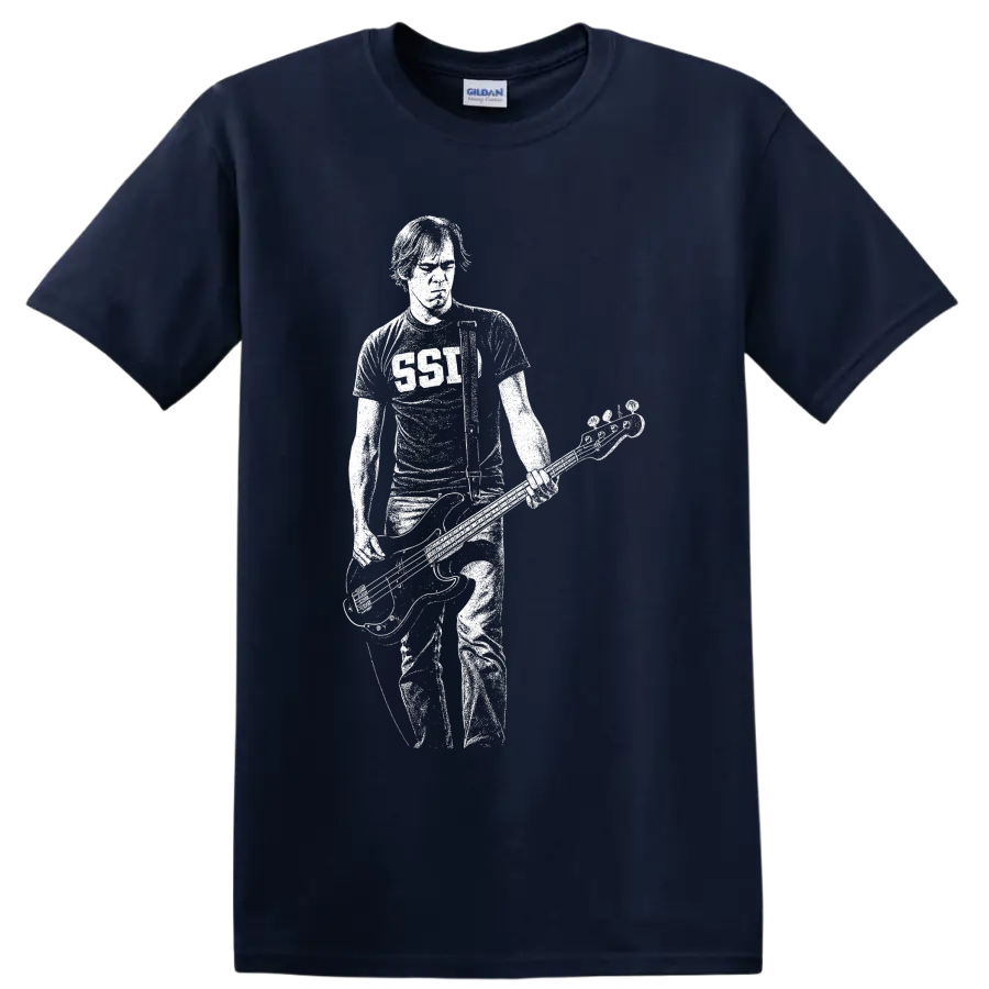 Krist Novoselic holding bass in a bold white minimalist grunge portrait on a Navy (Blue) T Shirt