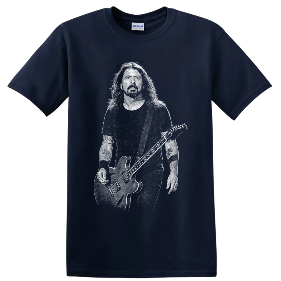 High-contrast Dave Grohl guitarist portrait silhouette graphic on a Navy (Blue) T Shirt