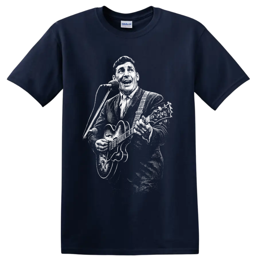 Carl Perkins high-contrast vintage-style rockabilly musician portrait graphic on a Navy (Blue) T Shirt