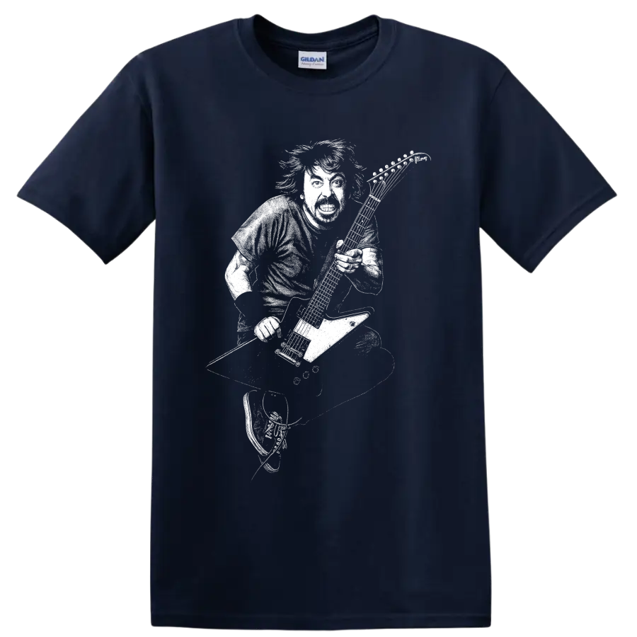 Dave Grohl guitarist silhouette with microphone in bold monochrome rock performance style on a Navy (Blue) T Shirt