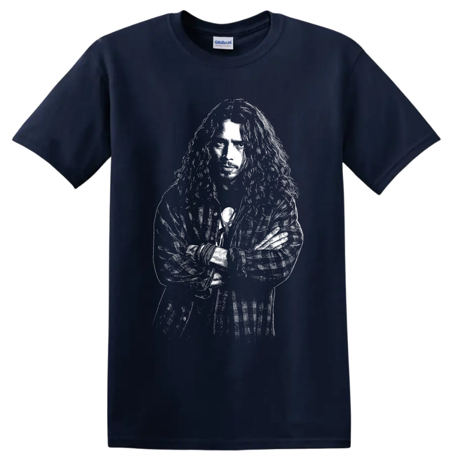 High-contrast Chris Cornell portrait in distressed grunge rock illustration style on a Navy (Blue) T Shirt