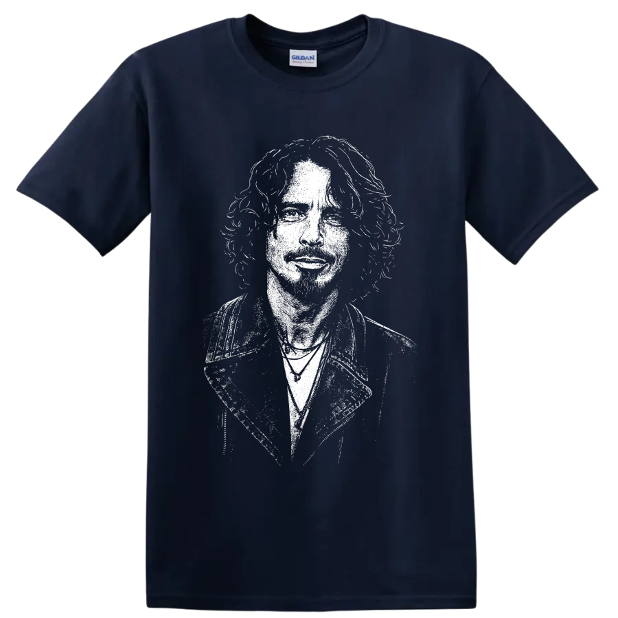 High-contrast Chris Cornell portrait in a bold monochrome grunge rock style on a Navy (Blue) T Shirt