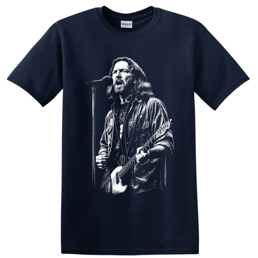 Monochrome Eddie Vedder guitar portrait in bold high-contrast rock illustration on a Navy (Blue) T Shirt