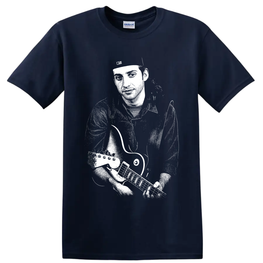 High-contrast monochrome portrait of Stone Gossard playing guitar on a Navy (Blue) T Shirt