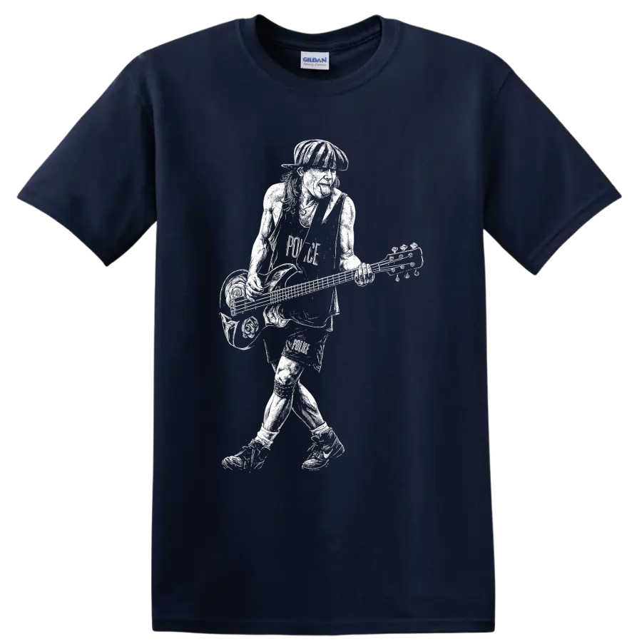 Flea playing bass in a bold white musician silhouette graphic on a Navy (Blue) T Shirt