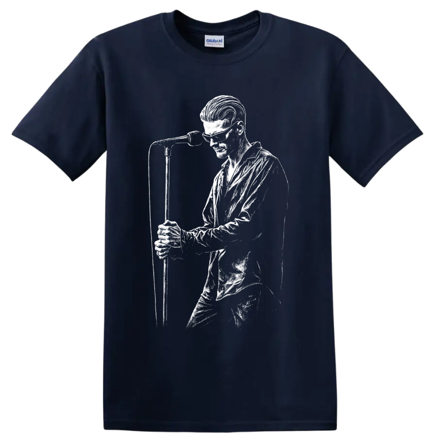 High-contrast Layne Staley Alice in Chains performance portrait in white graphic art on a Navy (Blue) T Shirt