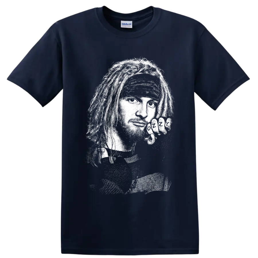 Layne Staley Alice In Chains high-contrast monochrome grunge portrait graphic on a Navy (Blue) T Shirt