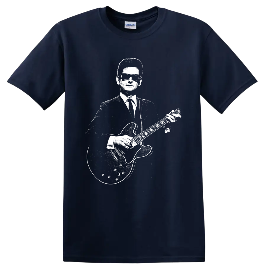 Roy Orbison-style high-contrast guitar portrait in vintage rock and roll graphic art on a Navy (Blue) T Shirt