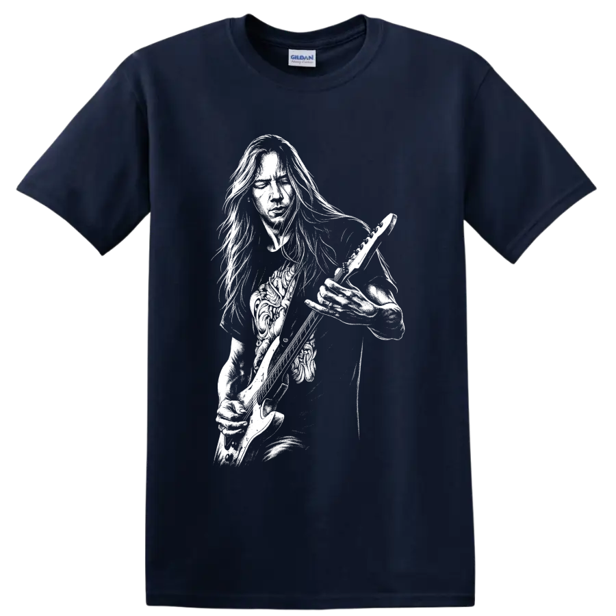High-contrast Jerry Cantrell guitarist portrait holding a guitar in rock poster style on a Navy (Blue) T Shirt