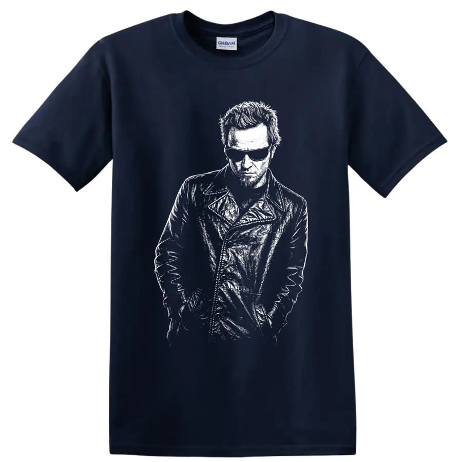 High-contrast monochrome Layne Staley portrait in Alice in Chains grunge style on a Navy (Blue) T Shirt