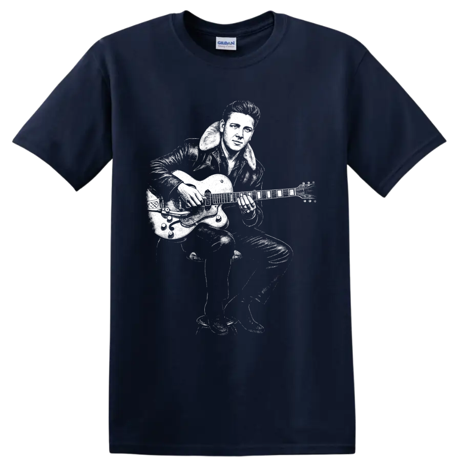 Eddie Cochran playing electric guitar in bold high-contrast rockabilly performance art on a Navy (Blue) T Shirt