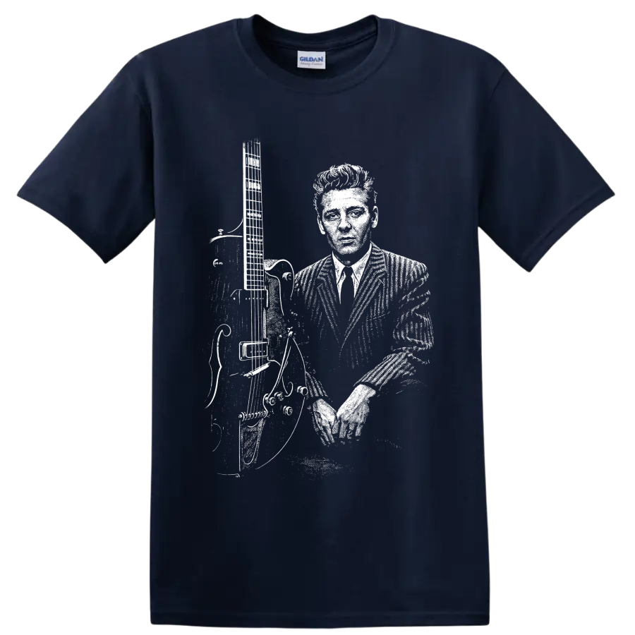 Eddie Cochran holding guitar in high-contrast vintage rockabilly performance portrait on a Navy (Blue) T Shirt