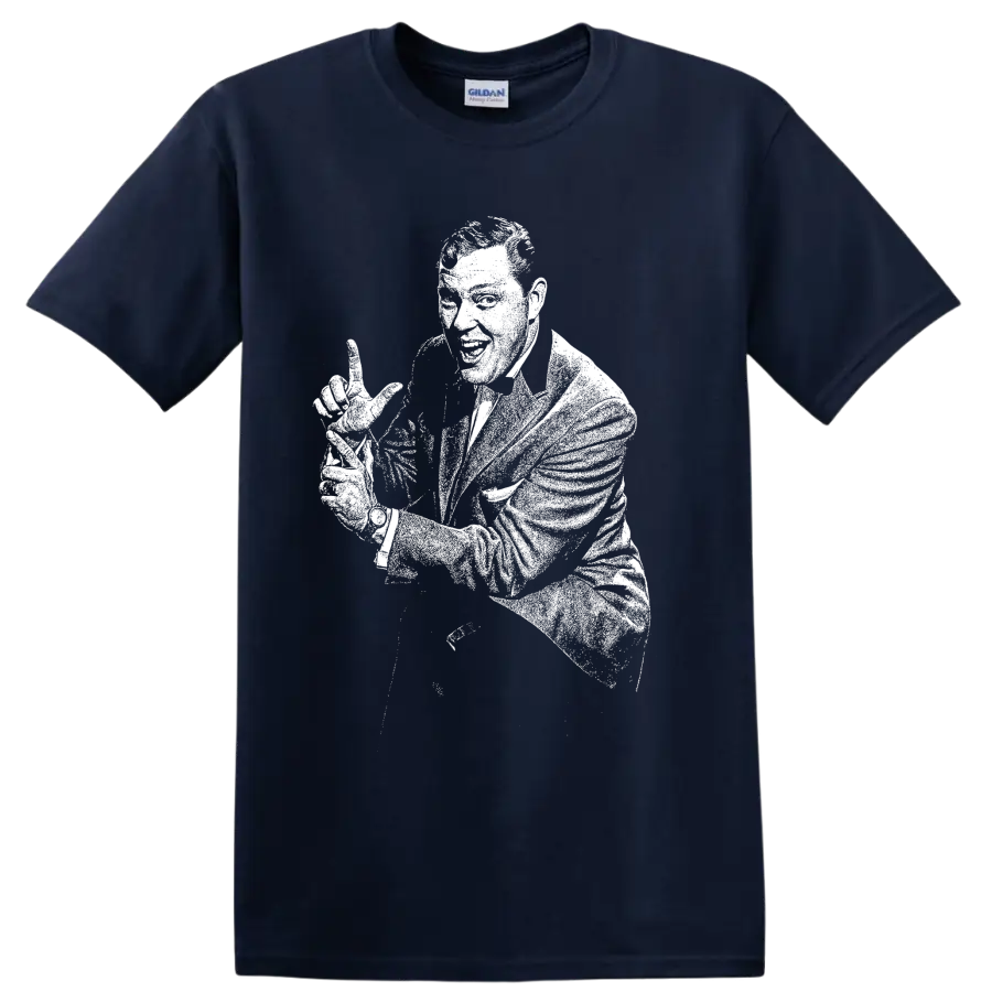 High-contrast vintage-style Bill Haley portrait with guitar on a Navy (Blue) T Shirt