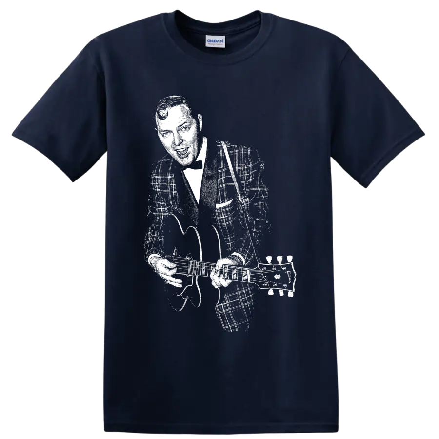 High-contrast vintage-style Bill Haley portrait with guitar on a Navy (Blue) T Shirt