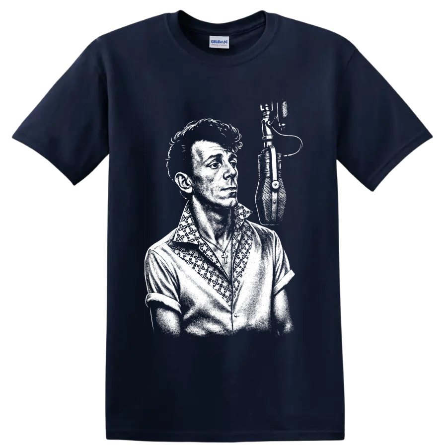High-contrast Gene Vincent portrait in a bold vintage rockabilly style on a Navy (Blue) T Shirt