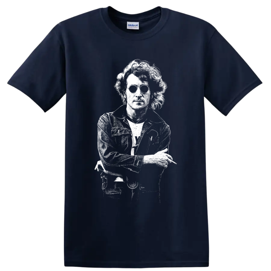 White John Lennon guitar portrait in bold stencil-style British rock artwork on a Navy (Blue) T Shirt