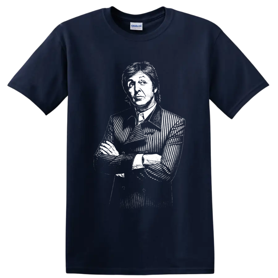 High-contrast monochrome portrait graphic of Paul McCartney of The Beatles on a Navy (Blue) T Shirt
