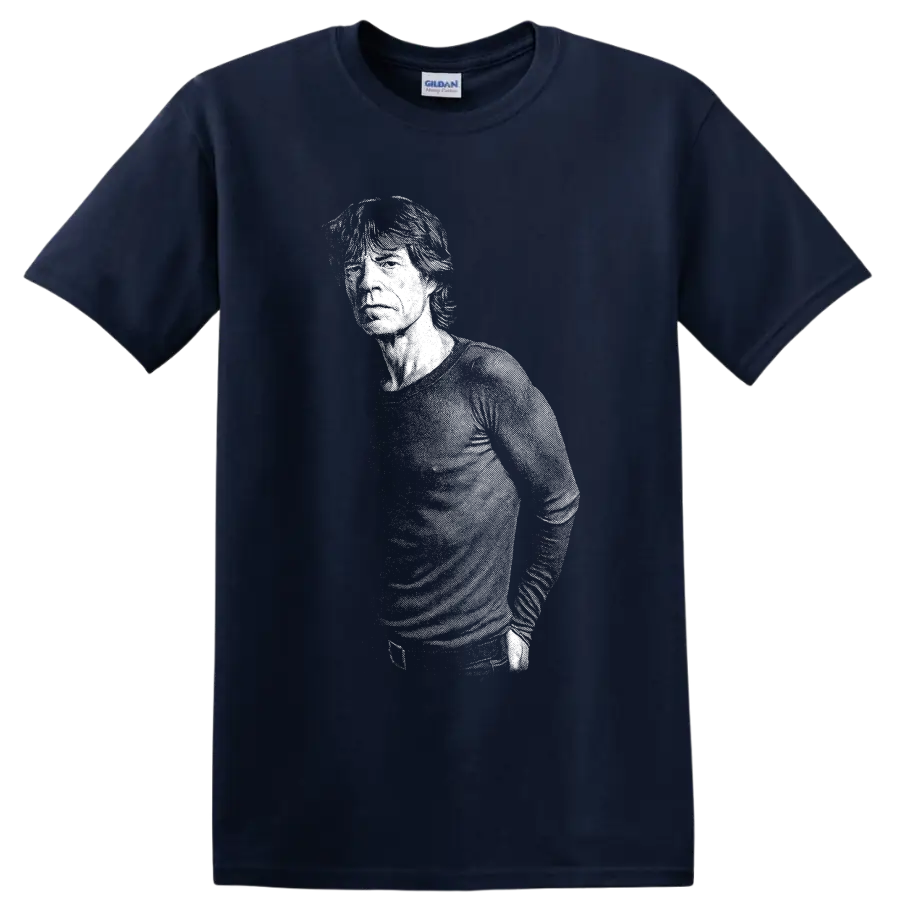 Mick Jagger black-and-white silhouette portrait in bold rock graphic style on a Navy (Blue) T Shirt