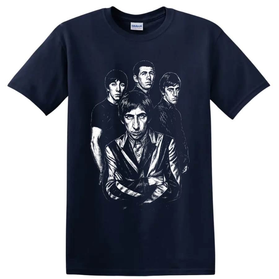 High-contrast four-member portrait of The Who in vintage British rock style on a Navy (Blue) T Shirt