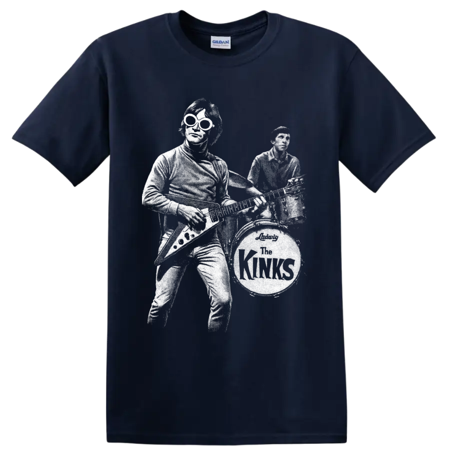 High-contrast white portrait graphic of The Kinks Dave Davies and Mick Avory on a Navy (Blue) T Shirt