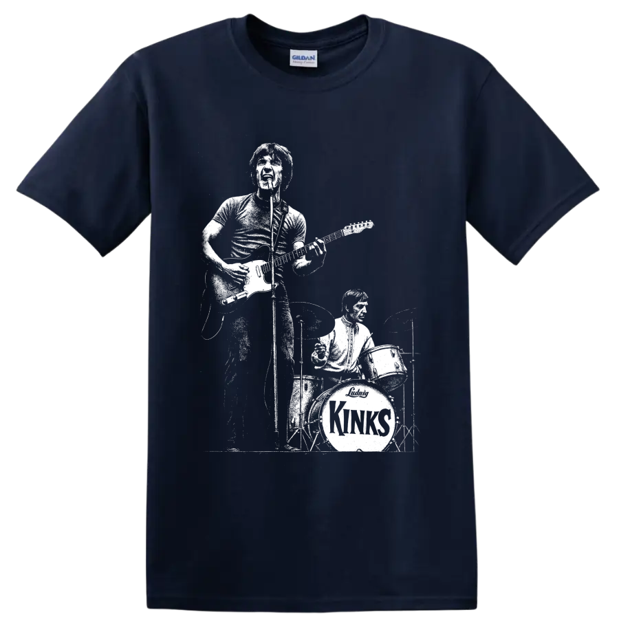Monochrome The Kinks Ray Davies and Mick Avory guitar and drums performance graphic on a Navy (Blue) T Shirt
