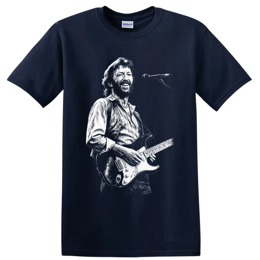 Eric Clapton guitarist silhouette with electric guitar in bold monochrome style on a Navy (Blue) T Shirt