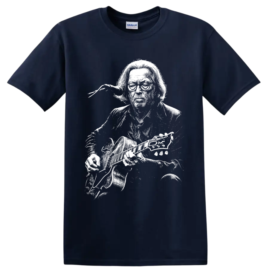 High-contrast Eric Clapton guitarist portrait with electric guitar on a Navy (Blue) T Shirt