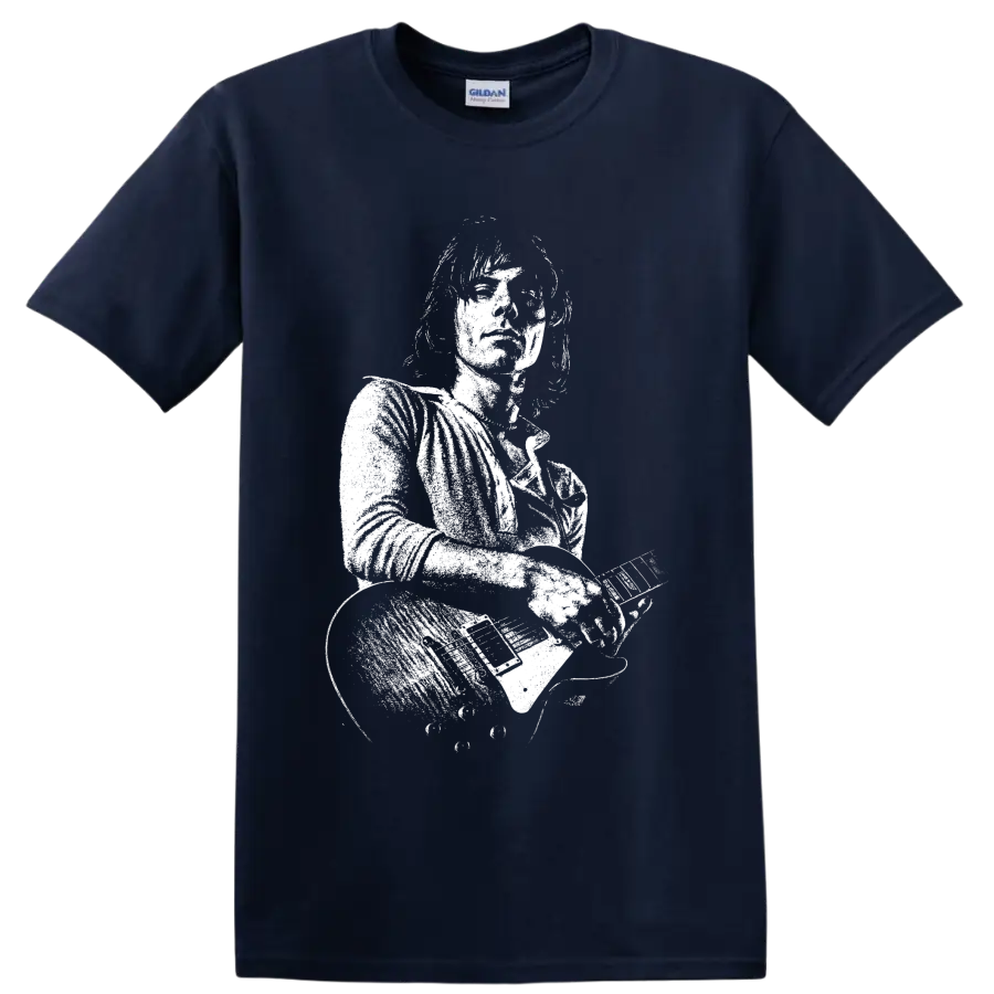 High-contrast Jeff Beck guitarist portrait with electric guitar in stencil-style art on a Navy (Blue) T Shirt