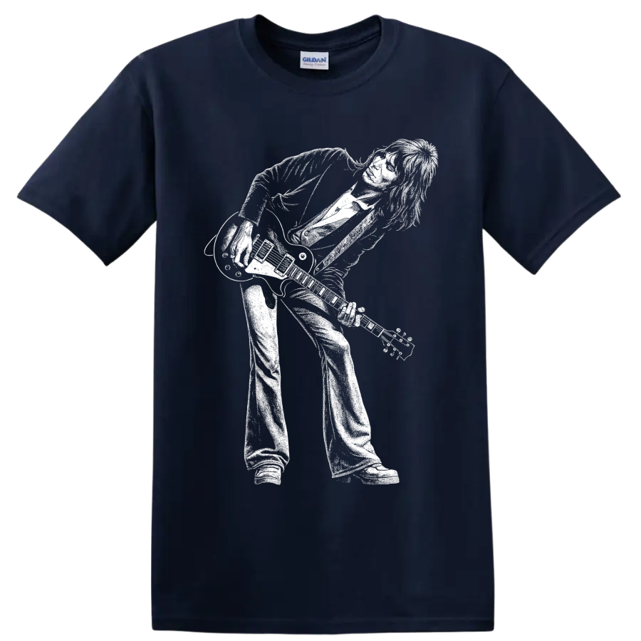 High-contrast Jimmy Page guitarist stage performance portrait graphic on a Navy (Blue) T Shirt
