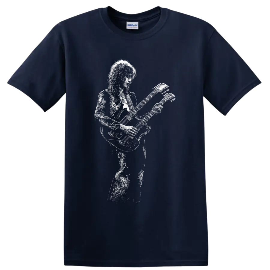 White Jimmy Page guitarist silhouette playing electric guitar in minimalist rock style on a Navy (Blue) T Shirt