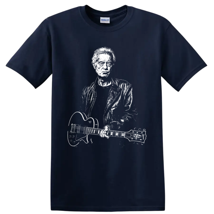 Jimmy Page Led Zeppelin guitarist with double-neck guitar silhouette graphic on a Navy (Blue) T Shirt