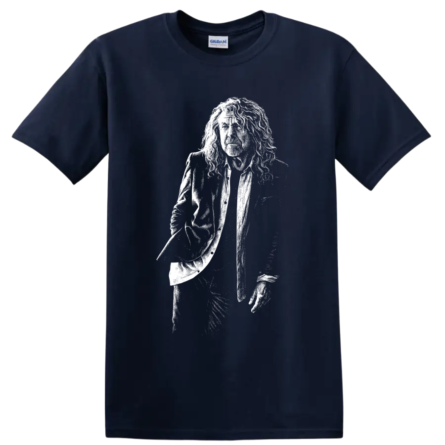 Monochrome Robert Plant holding microphone portrait in vintage rock illustration style on a Navy (Blue) T Shirt