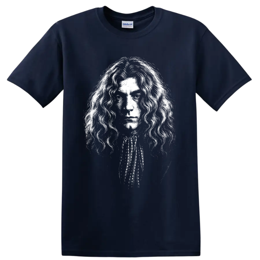 High-contrast black-and-white Robert Plant Led Zeppelin singer portrait on a Navy (Blue) T Shirt
