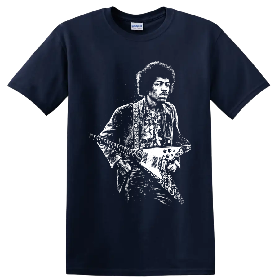 Jimi Hendrix guitarist portrait with guitar in high-contrast retro rock style on a Navy (Blue) T Shirt