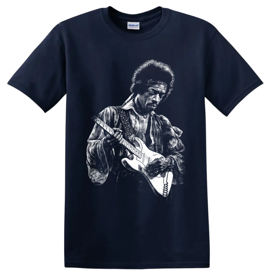 High-contrast Jimi Hendrix guitarist portrait in vintage rock poster style on a Navy (Blue) T Shirt