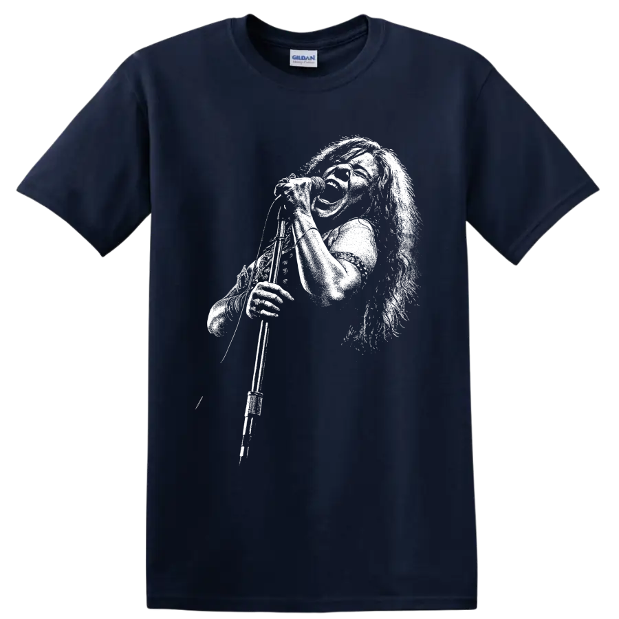 Janis Joplin monochrome portrait in a bold rock and blues music graphic style on a Navy (Blue) T Shirt