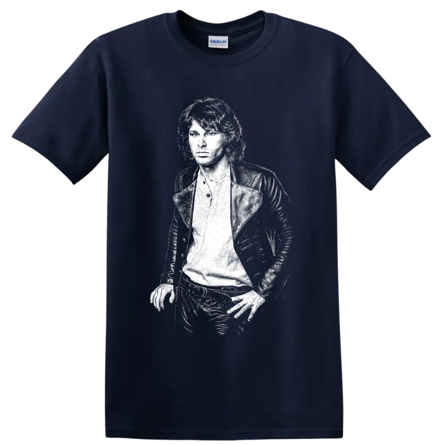 High-contrast white Jim Morrison portrait graphic inspired by The Doors on a Navy (Blue) T Shirt