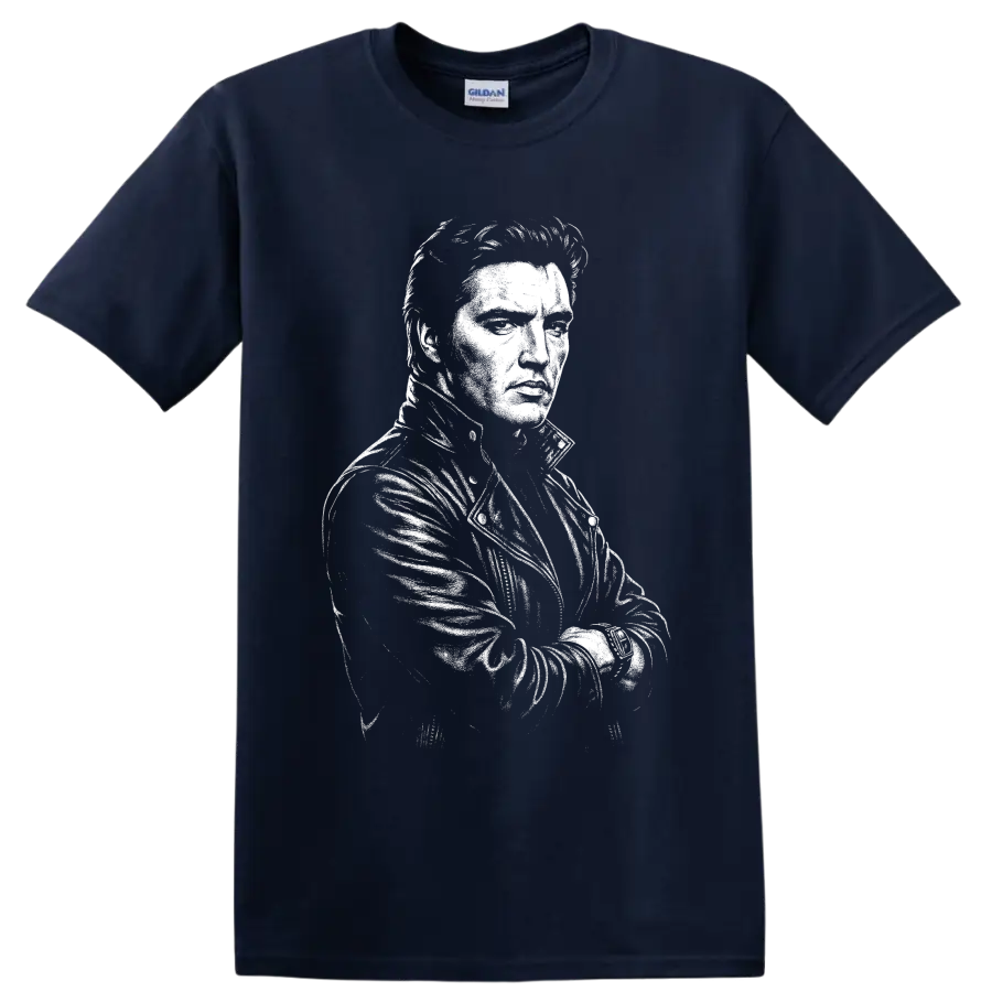Elvis Presley black-and-white vintage-style rock and roll portrait graphic on a Navy (Blue) T Shirt
