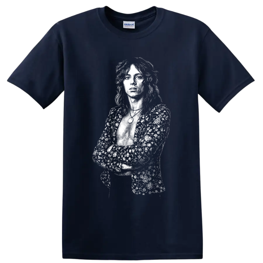 High-contrast Roger Taylor of Queen drummer portrait in monochrome rock art style on a Navy (Blue) T Shirt