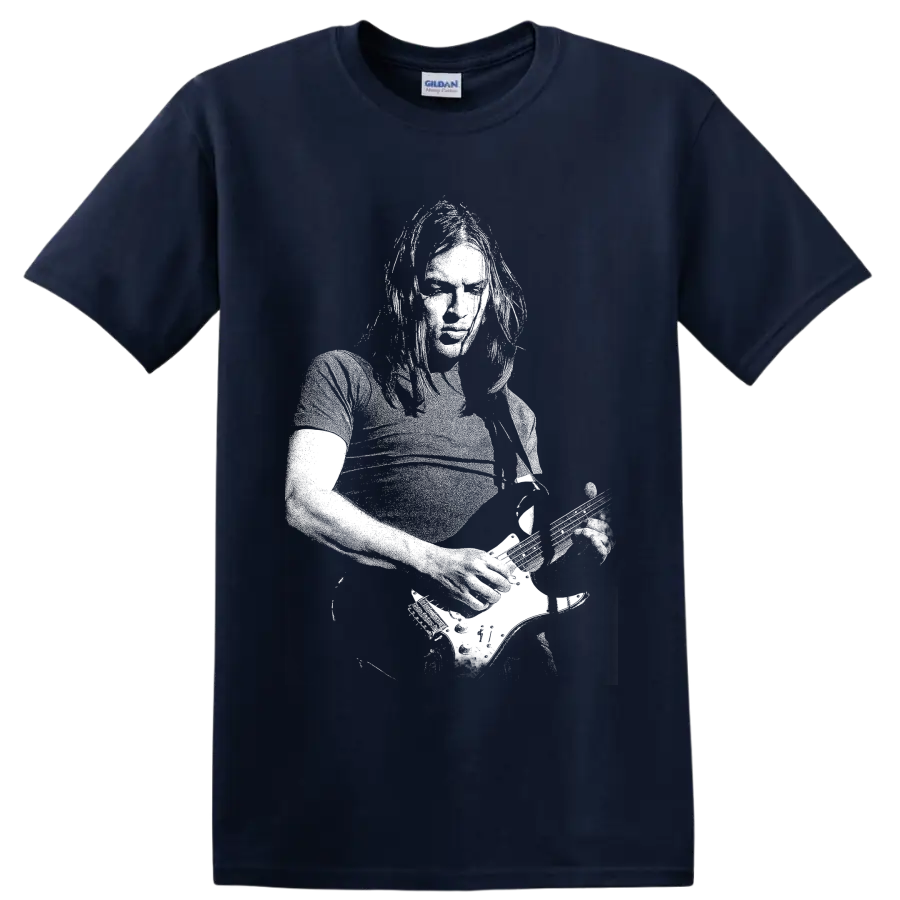 High-contrast David Gilmour portrait graphic inspired by Pink Floyd on a Navy (Blue) T Shirt