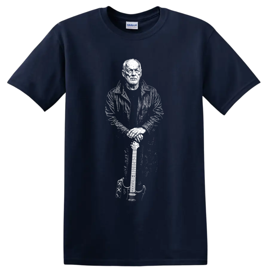 High-contrast David Gilmour guitarist portrait in a bold monochrome rock graphic style on a Navy (Blue) T Shirt