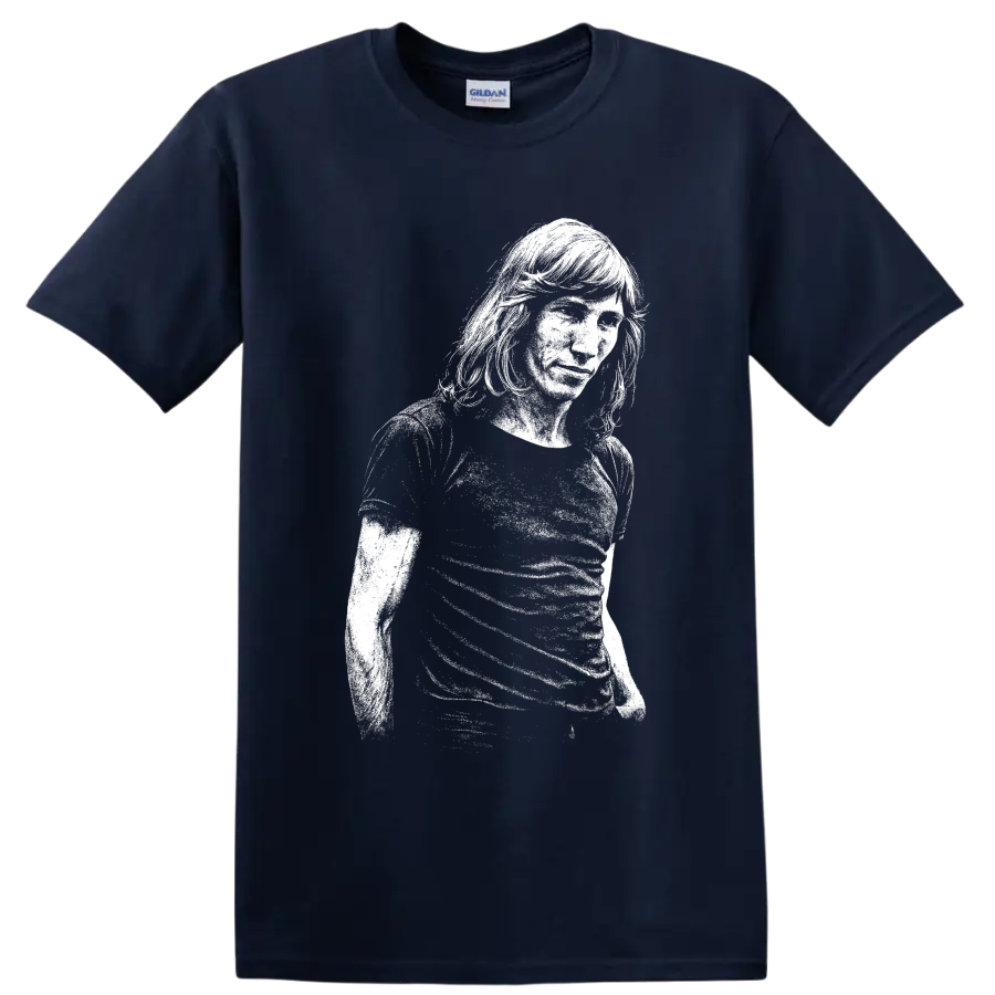 High-contrast Roger Waters Pink Floyd portrait with bass in vintage rock style on a Navy (Blue) T Shirt