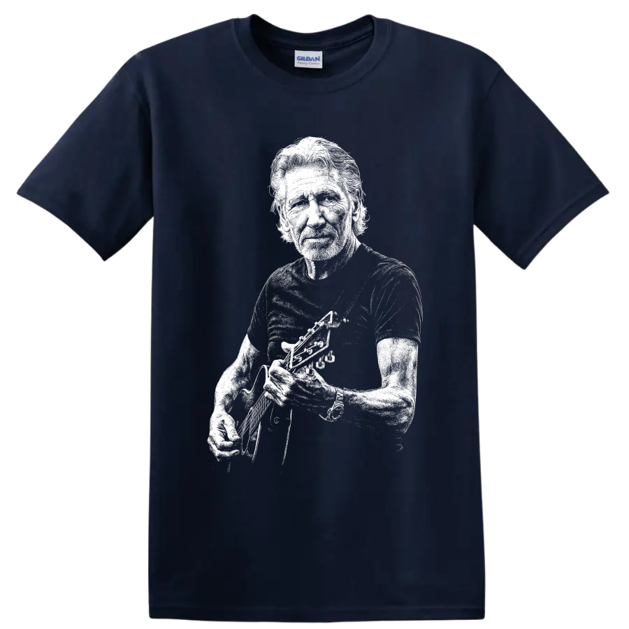Monochrome Roger Waters Pink Floyd musician portrait holding an instrument on a Navy (Blue) T Shirt