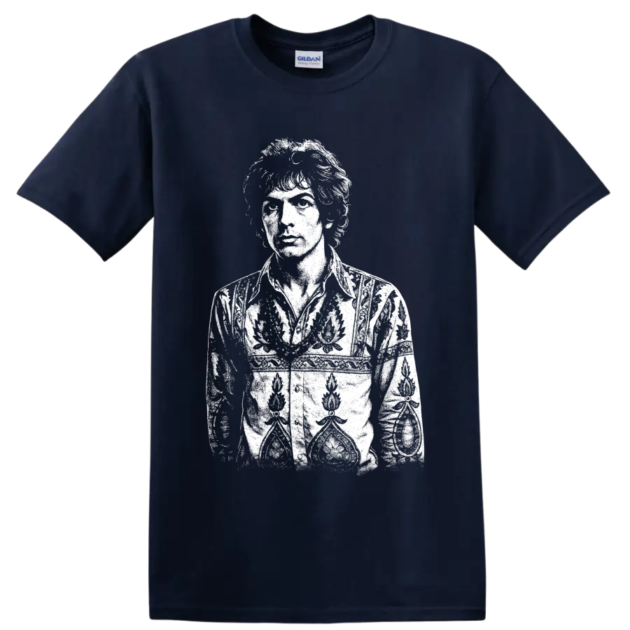 High-contrast black-and-white Mick Jagger portrait in a bold rock music graphic style on a Navy (Blue) T Shirt