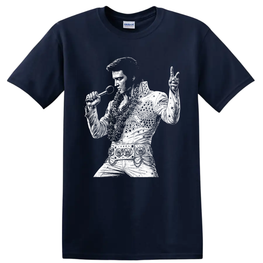 Elvis Presley performing with microphone in bold white rock and roll silhouette on a Navy (Blue) T Shirt
