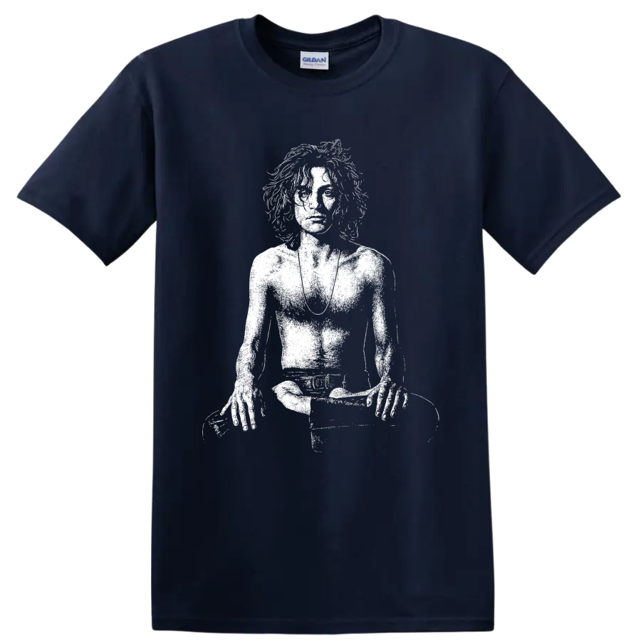 High-contrast Syd Barrett portrait graphic in a bold monochrome rock art style on a Navy (Blue) T Shirt