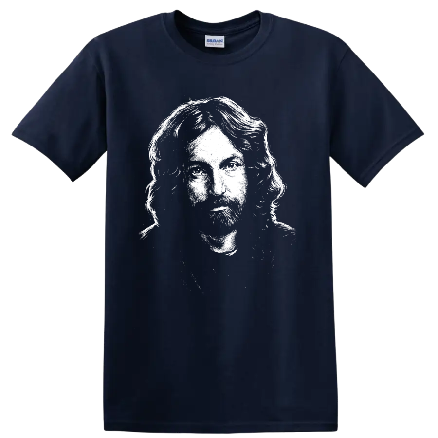 High-contrast Nick Mason portrait in bold monochrome classic rock graphic style on a Navy (Blue) T Shirt