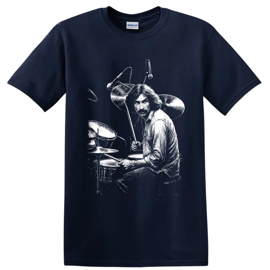 High-contrast Nick Mason Pink Floyd drummer illustration behind a full drum kit on a Navy (Blue) T Shirt